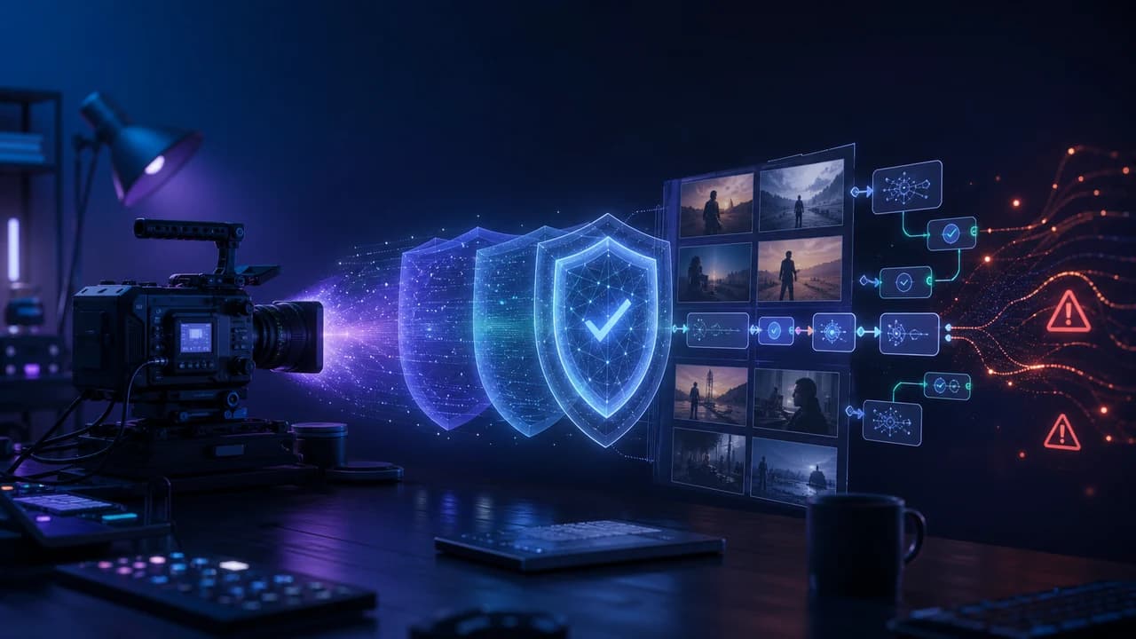 AI Agent 安全概念图：深蓝背景中的电影摄影机、保护盾层、分镜画面和安全自动化节点