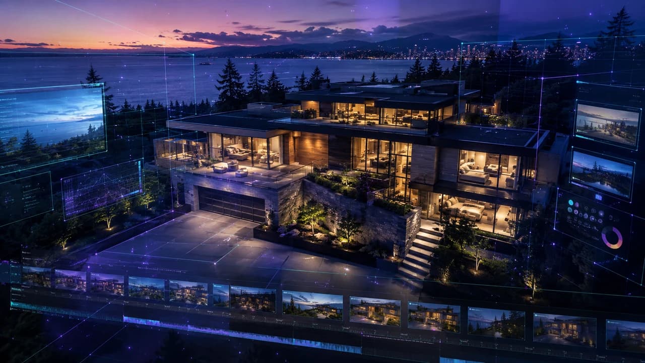Aerial twilight view of a luxury Vancouver home with AI video editing interface overlay and glowing teal grid