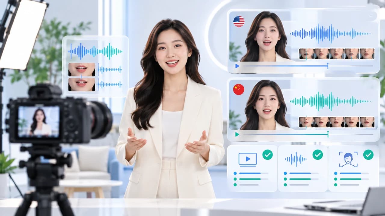 Authorized presenter and producer reviewing a bright bilingual AI spokesperson video test