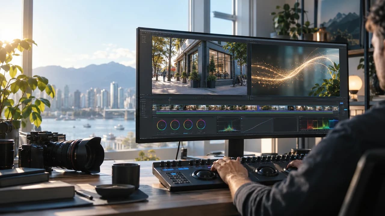 Bright video editing studio showing a real storefront shot with a restrained visual-effects treatment