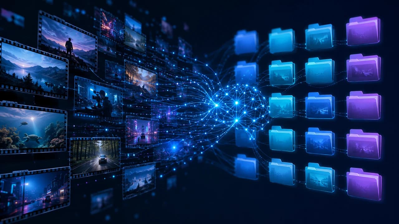 AI 整理视频素材的未来感概念图：发光的影片帧缩略图被蓝紫色数据粒子流组成的神经网络分类归入文件夹网格，深蓝色背景