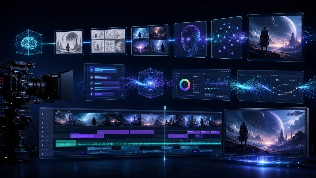 Dark futuristic AI video workflow with camera, storyboard frames, and editing timeline