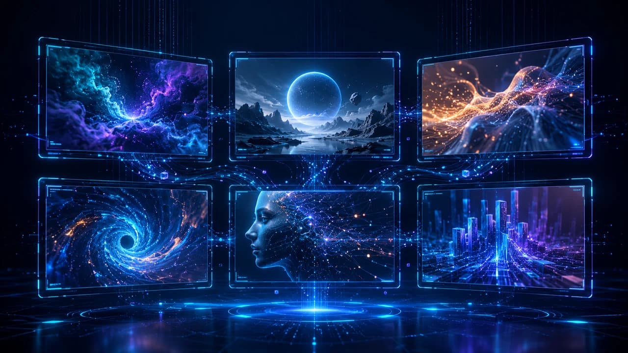 Six glowing holographic video frame panels arranged in a grid and connected by blue and purple data streams, dark navy tech background with teal accent lighting