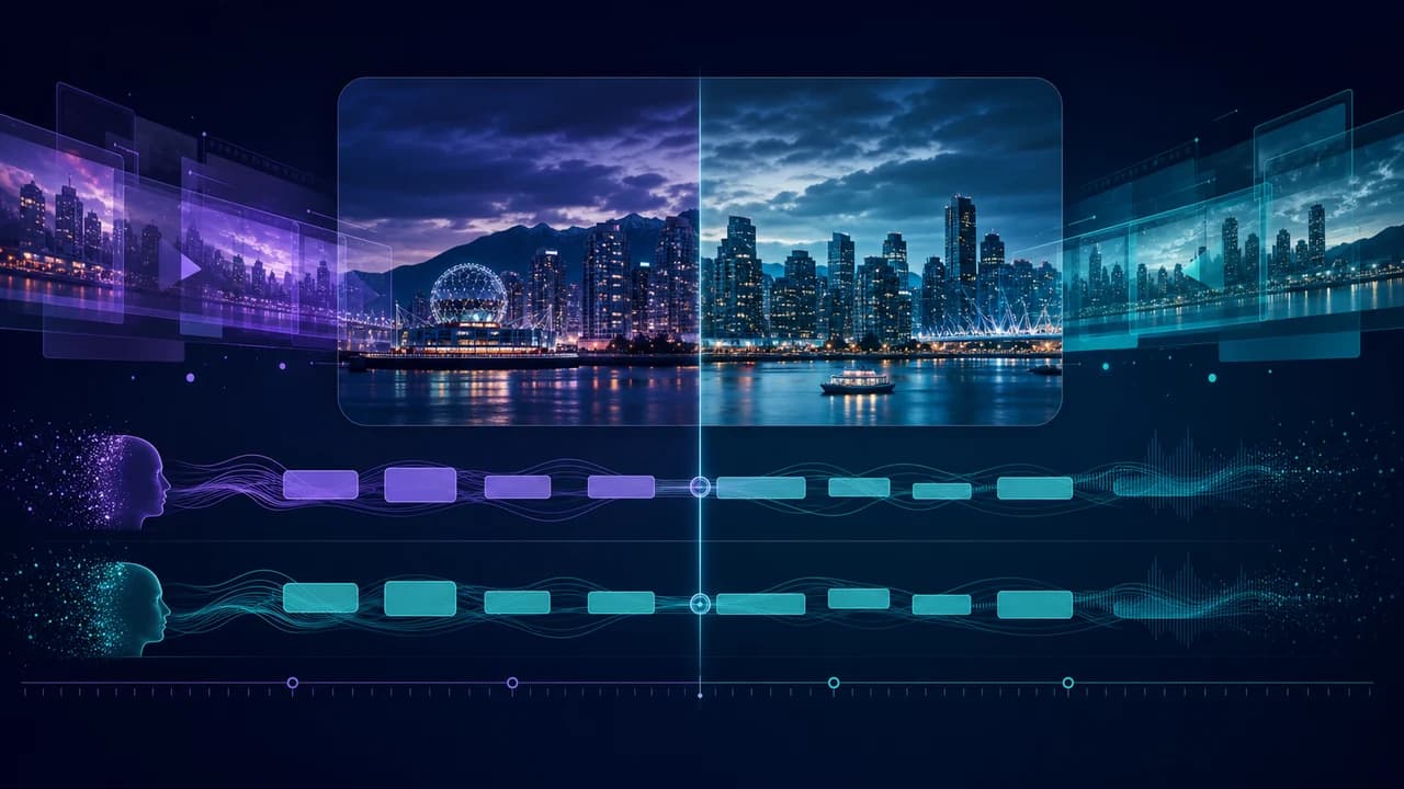 Bilingual video production concept with Chinese and English subtitle tracks flowing across Vancouver skyline, dark tech aesthetic with blue-purple gradients