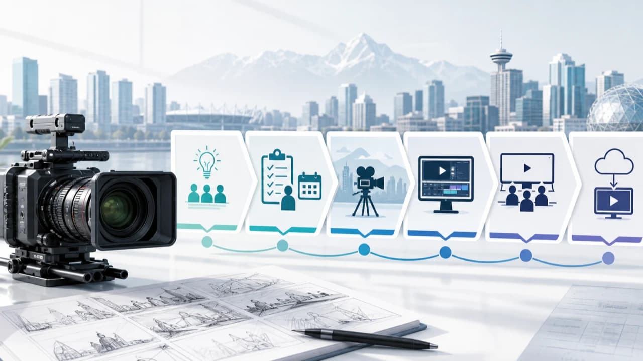 Bright production timeline with cinema camera, storyboard, and Vancouver skyline