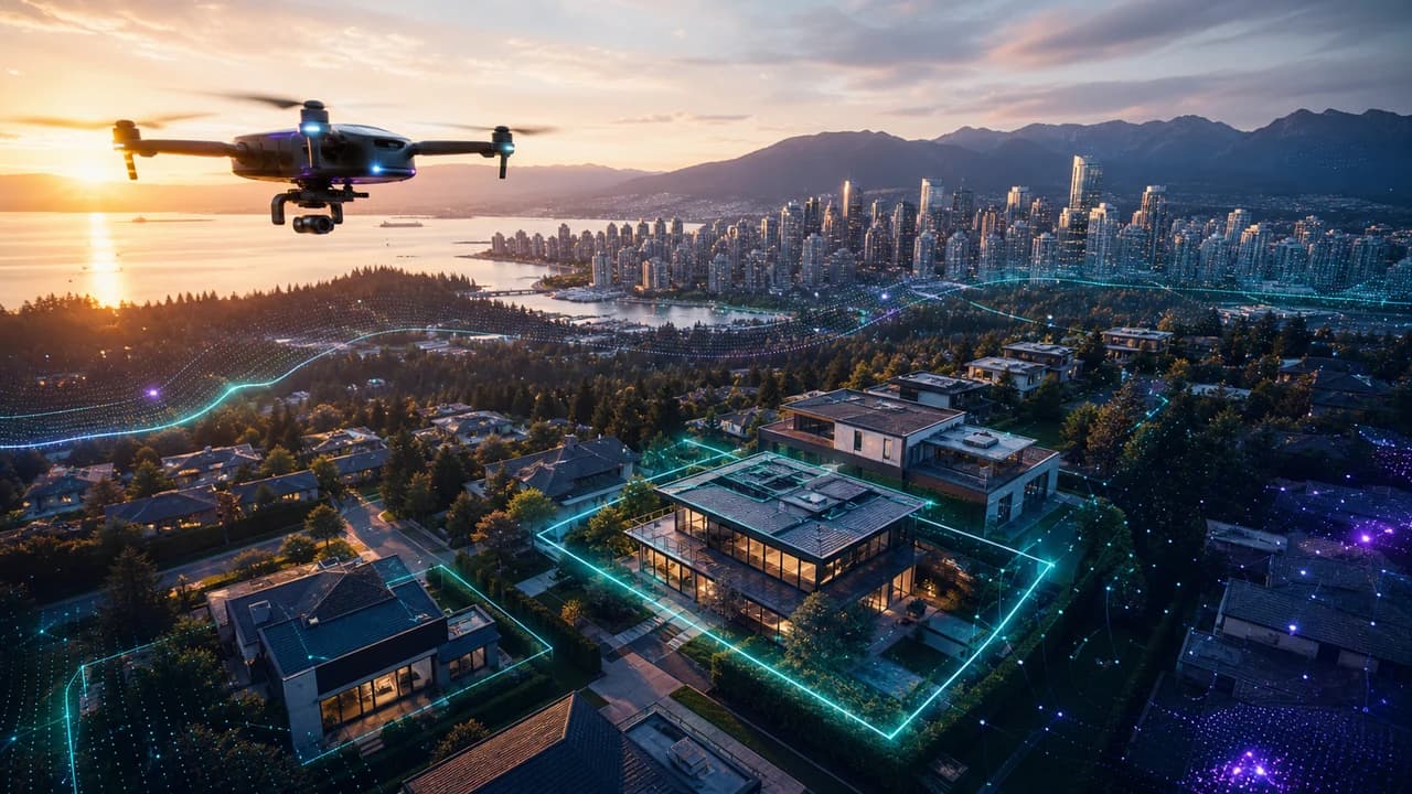 Aerial drone camera hovering above luxury Vancouver real estate with golden hour lighting, mountain and ocean backdrop