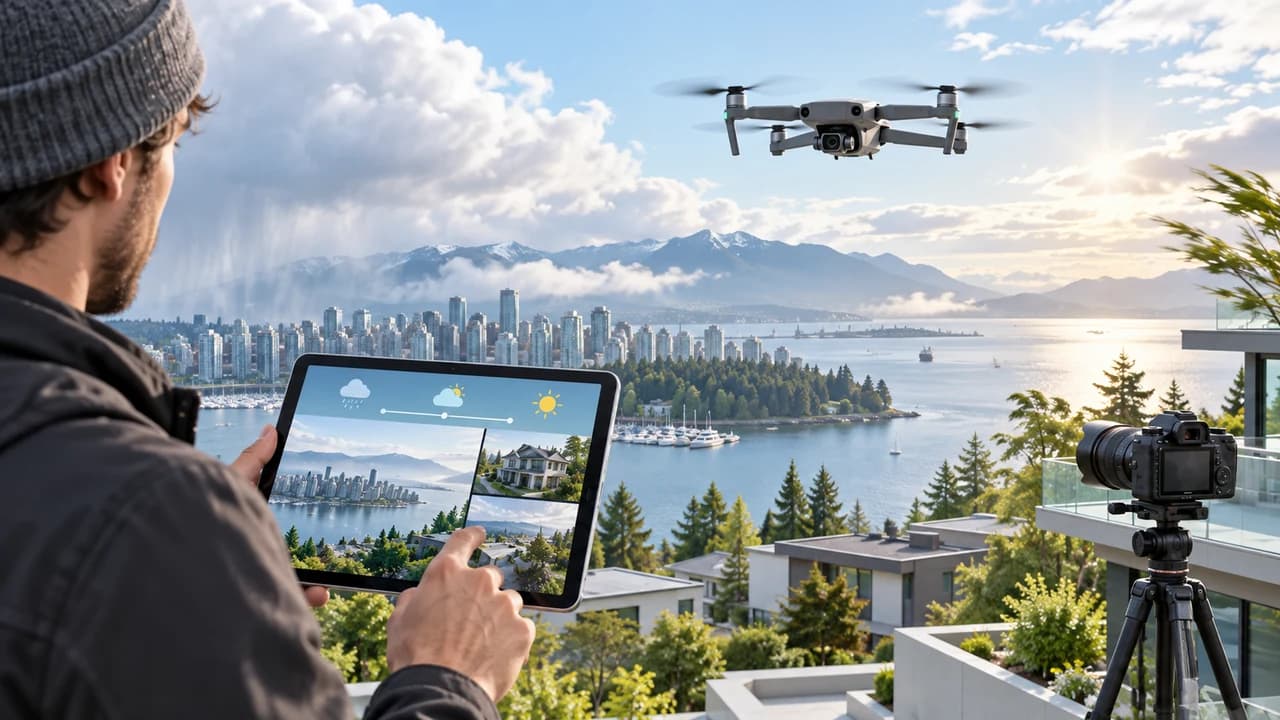 Bright Vancouver aerial video planning scene with a camera drone, changing weather and a producer reviewing backup shots