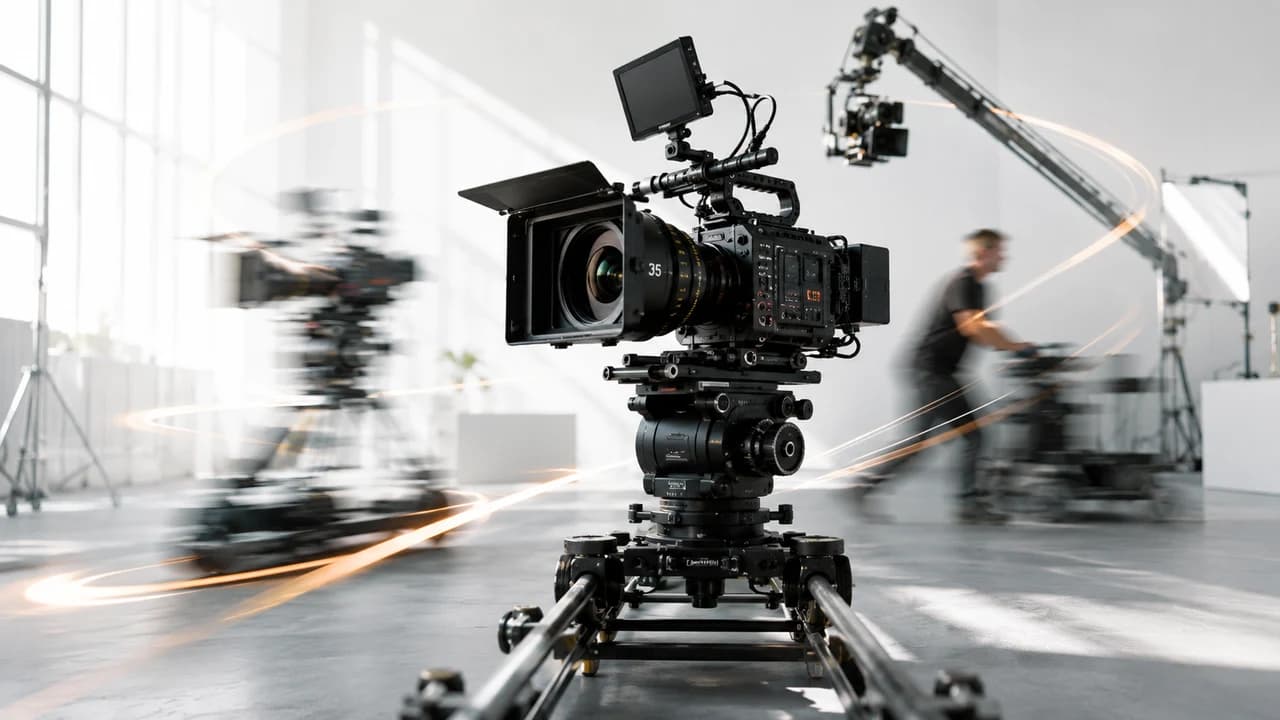 Professional cinema camera rig in bright modern studio with motion blur trails