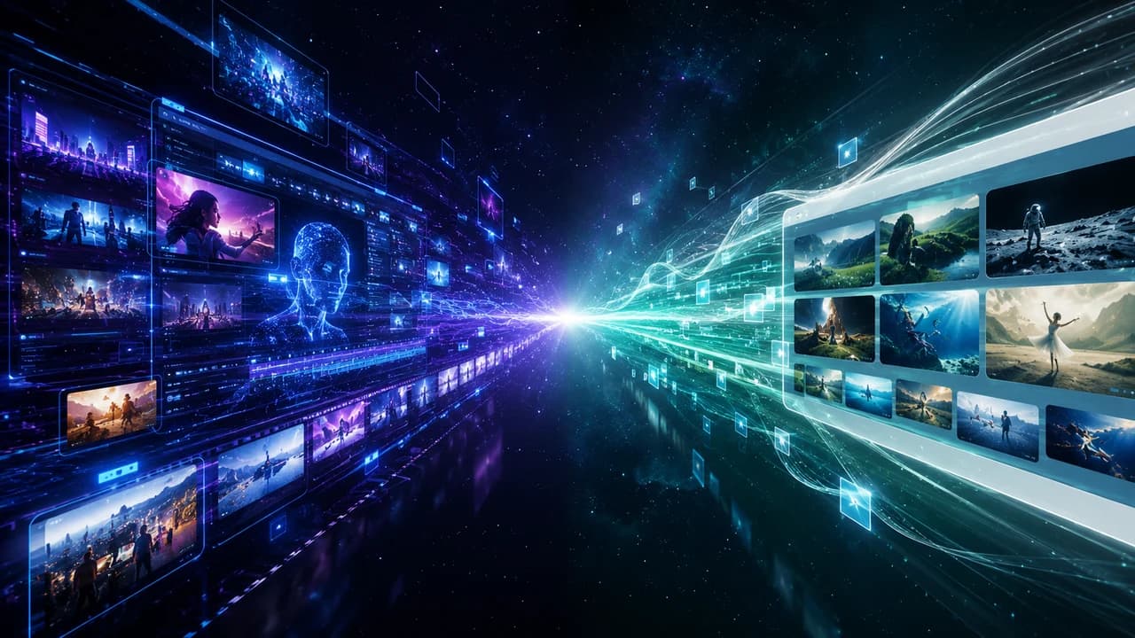 两款AI视频工具在宇宙空间中的双侧对比界面