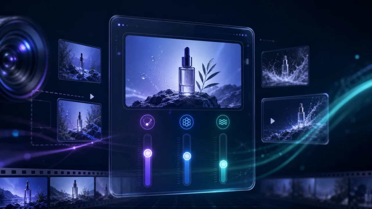 Dark futuristic AI image interface with glowing generative sliders and video frames