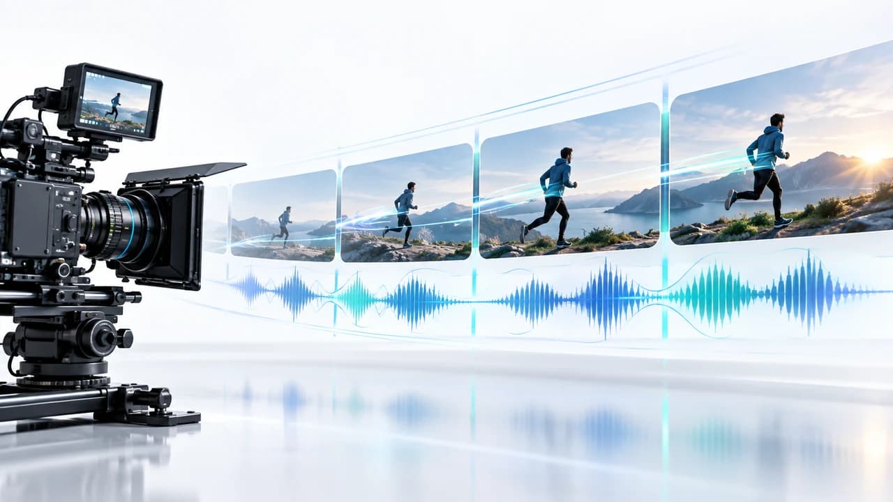 Bright connected AI video frames carrying motion and audio continuity beside a cinema camera