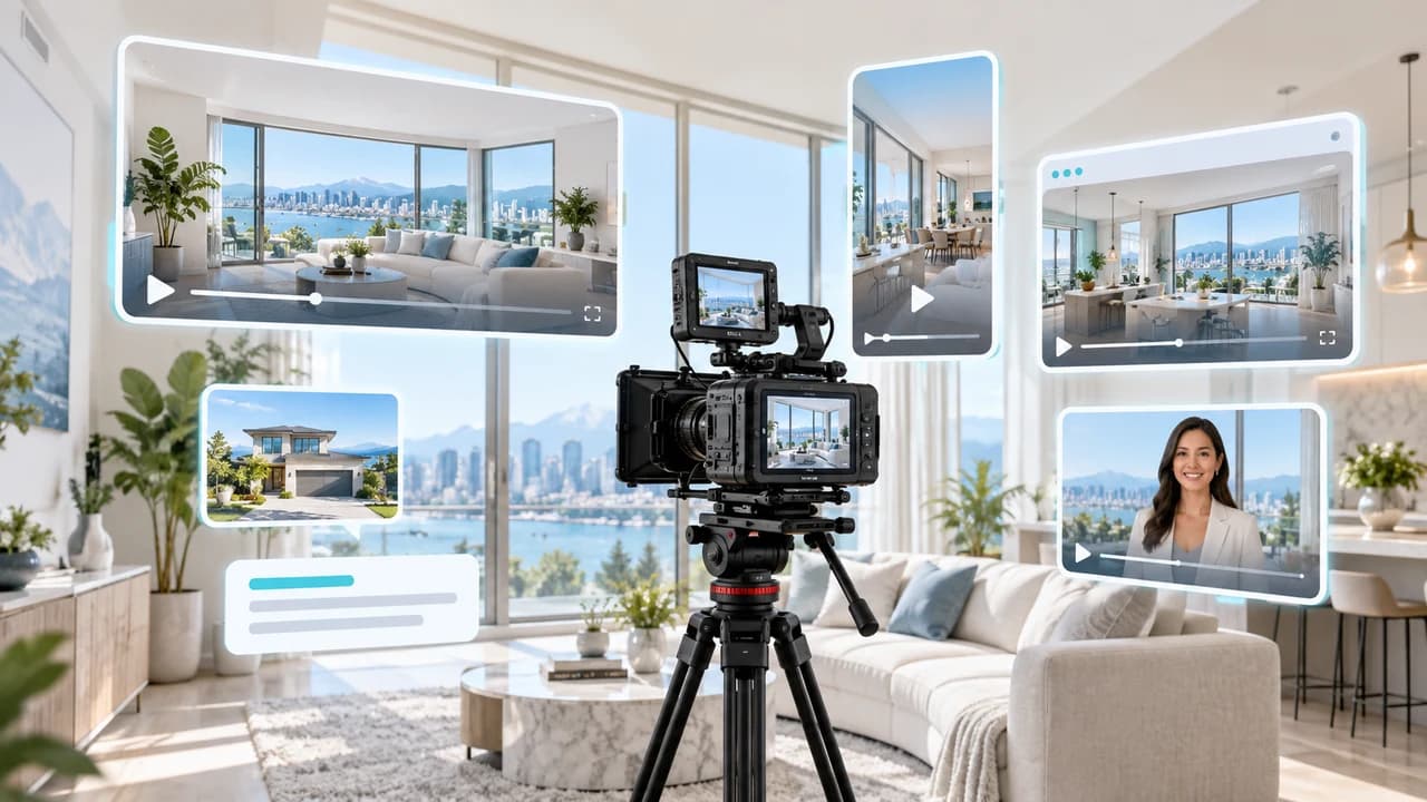 Bright real estate video workspace showing a camera and multiple widescreen and vertical deliverable frames