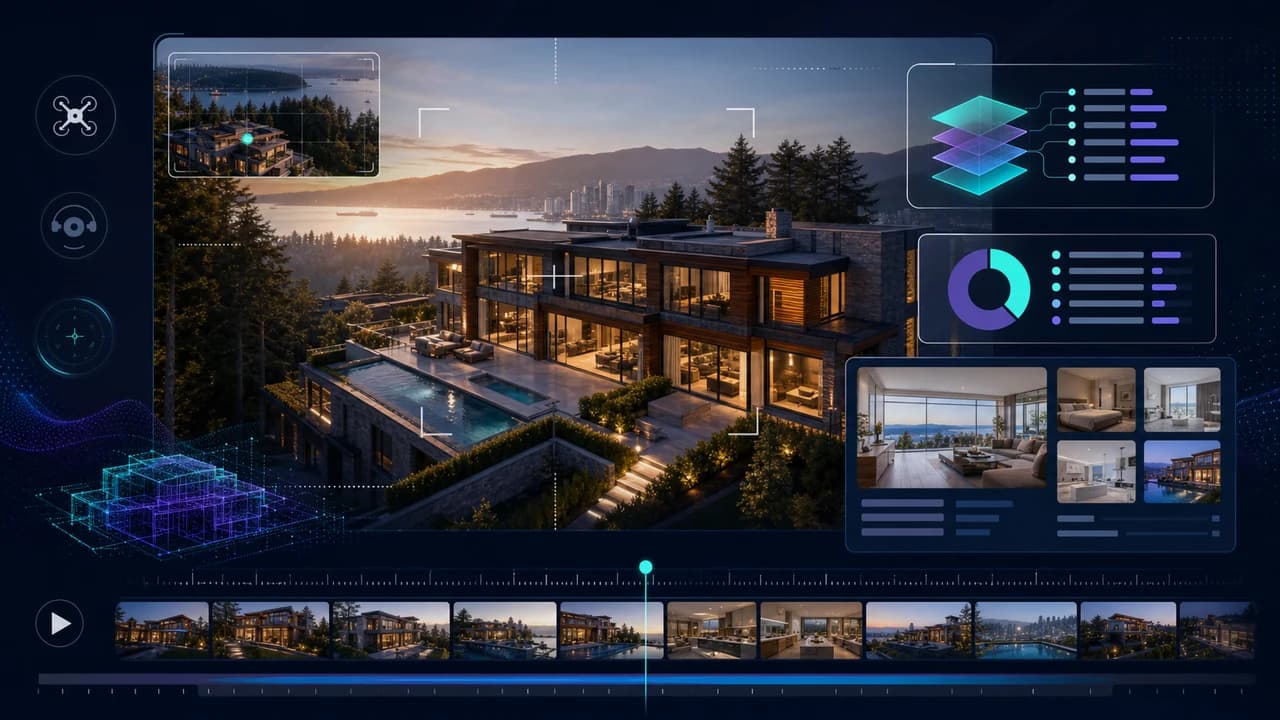 Vancouver luxury home at golden hour with drone videography and holographic pricing breakdown panels, dark tech aesthetic
