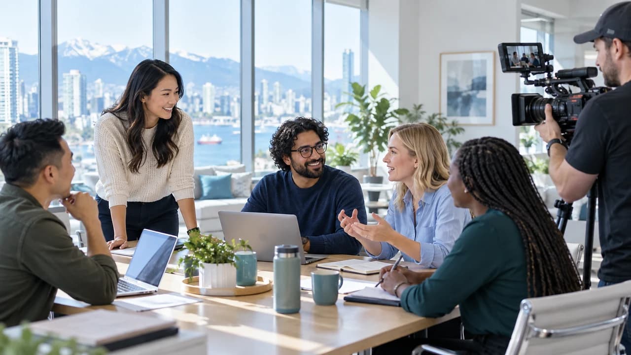 Vancouver office team meeting in a collaborative workspace, filmed for an employer brand video