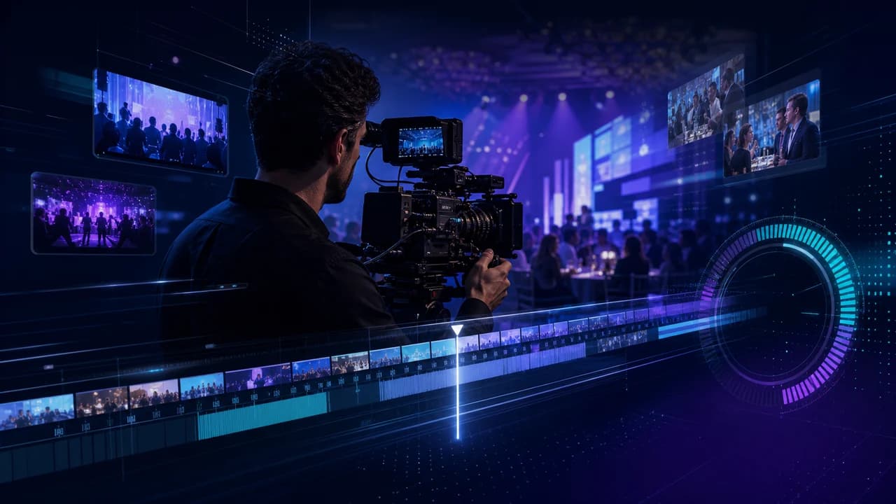 Event videographer filming a corporate gala with floating video timeline and countdown elements on a dark tech background