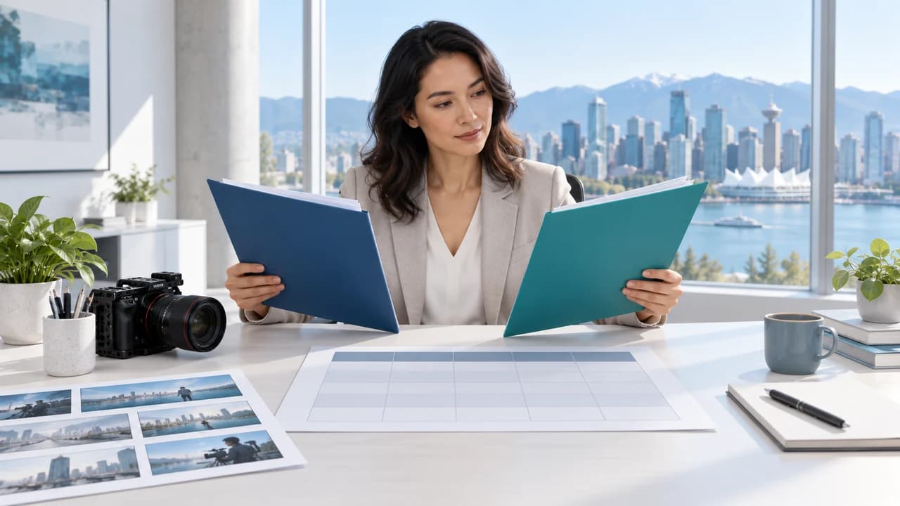 Bright office desk with a camera and anonymous video proposals being compared side by side