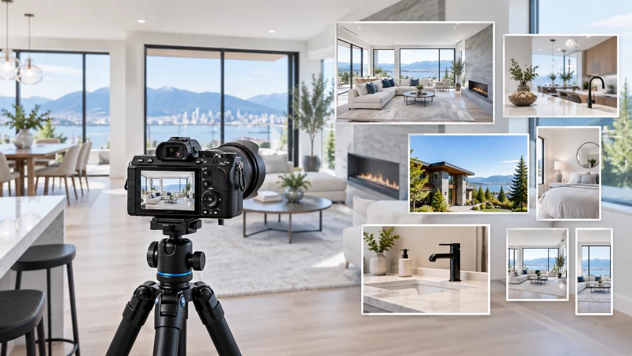 Bright Vancouver home interior prepared for real estate photography with a camera and shot thumbnails