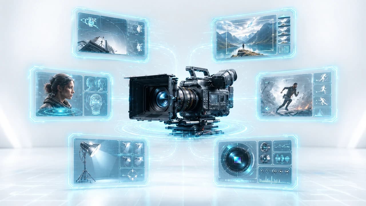 Professional cinema camera surrounded by six holographic prompt cards in a bright studio, representing Veo 3.1's six-part cinematic formula