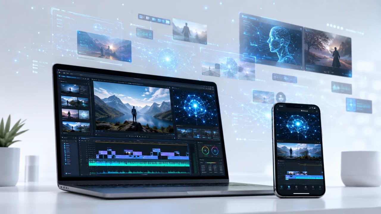 Laptop and smartphone displaying AI video editing interface with cinematic video frames and neural network visualizations