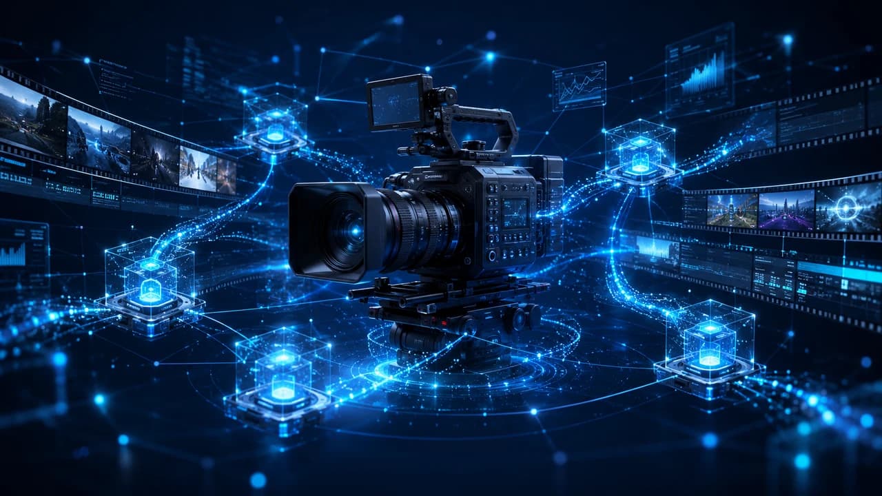 AI agent network nodes connected to a cinema camera with holographic data streams on a dark blue background