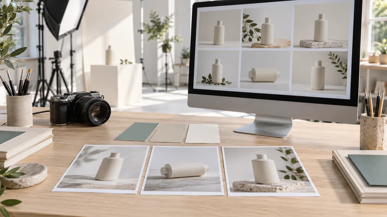 AI-generated illustration of a fictional product-photo workspace with ceramic-bottle images, a camera and colour swatches
