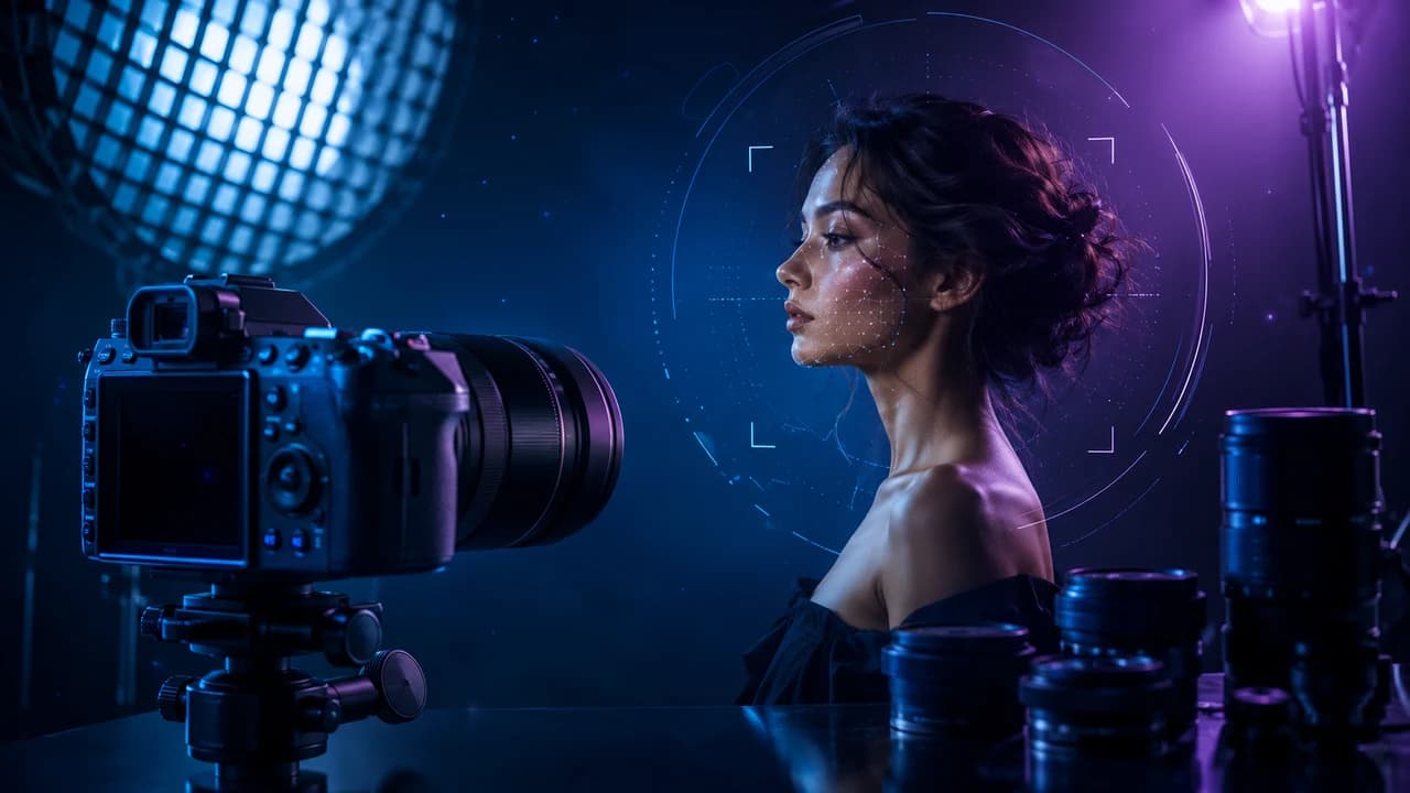 Professional photography studio with soft blue and purple lighting, camera equipment, and a glowing digital portrait overlay