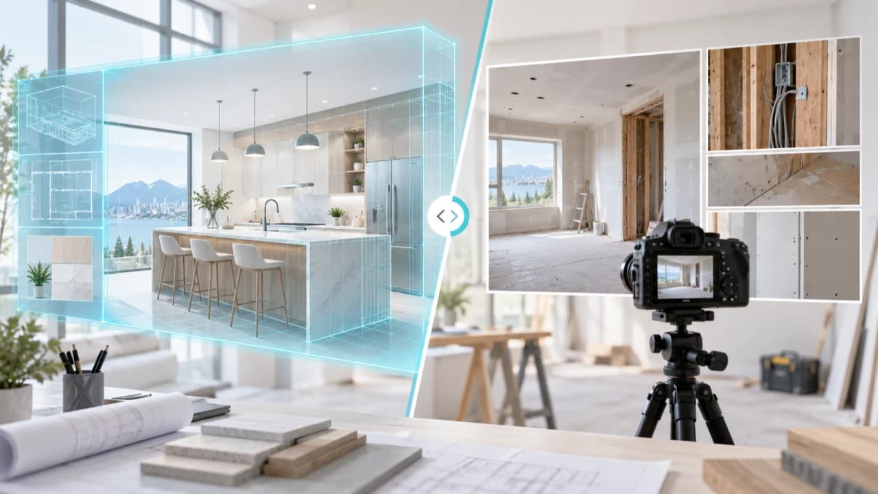Bright conceptual illustration dividing a digitally imagined renovation from generic camera footage of a real worksite