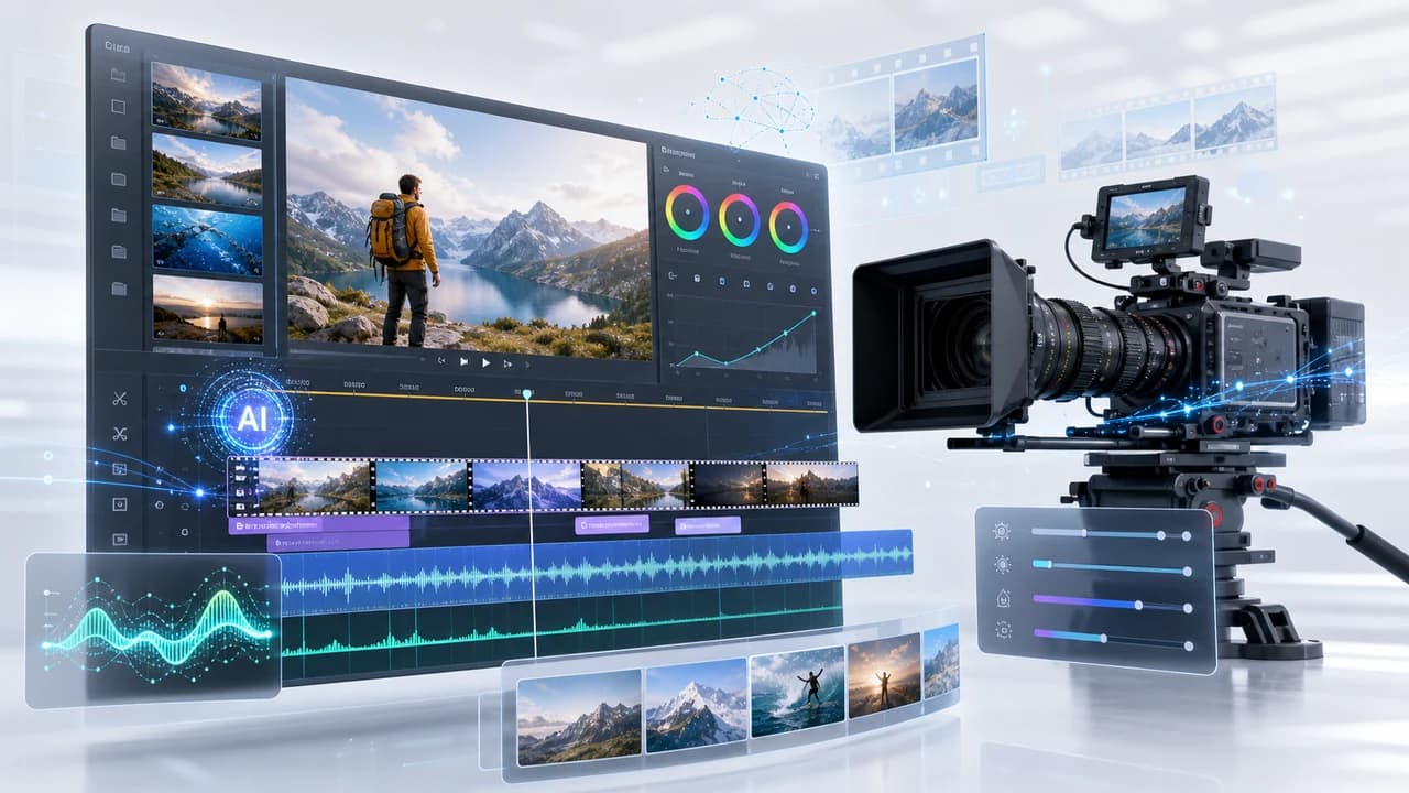 AI video editing interface showing timeline, waveform, and colour grading panels on a dark monitor