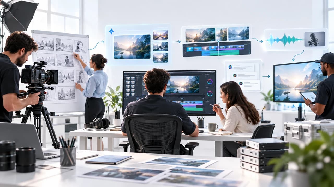 Bright AI video production workspace showing a camera, storyboards, compositing, sound and review stages