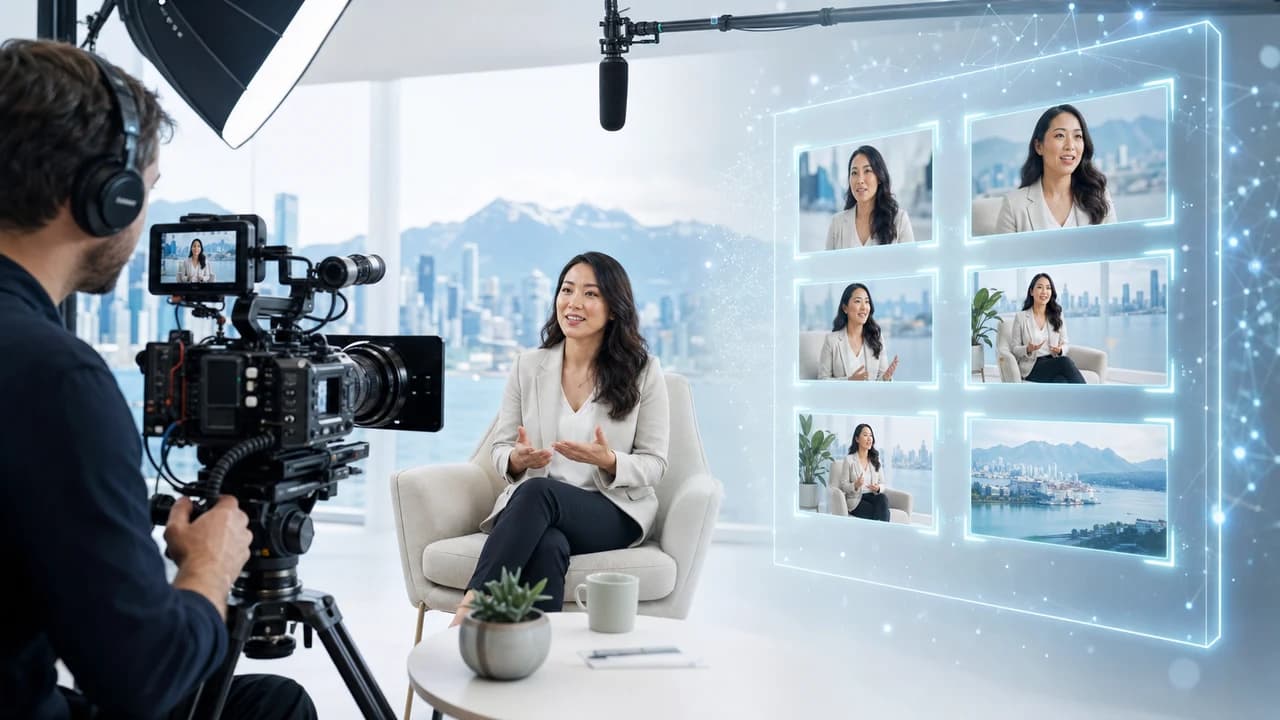 Bright AI-assisted commercial video production scene with camera, storyboard frames, and Vancouver skyline