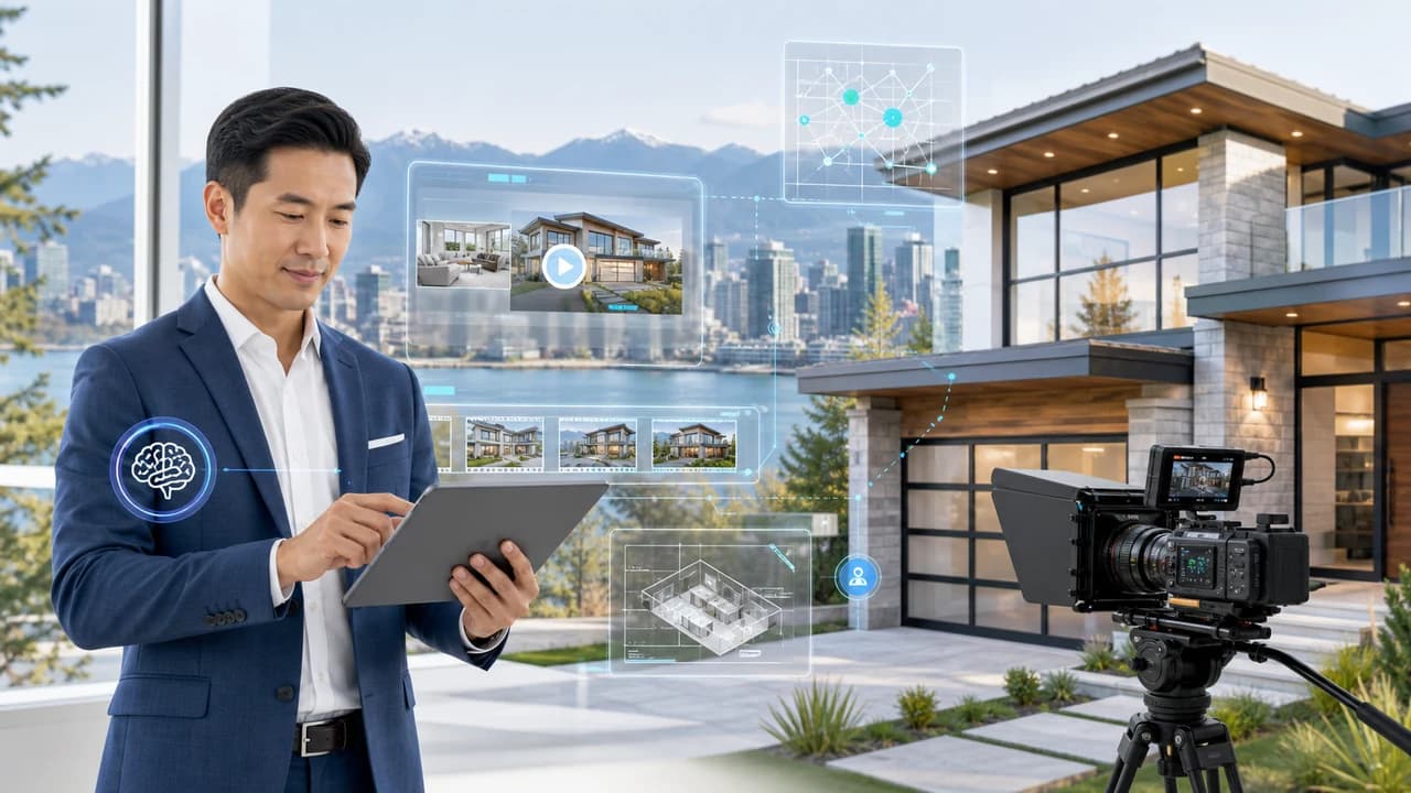 温哥华房产经纪在摄影机旁边用笔记本查看 AI 生成的物业视频预览