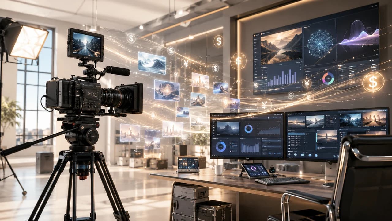 Professional cinema camera on tripod in a modern AI-equipped videographer studio with holographic income dashboards and floating video frames