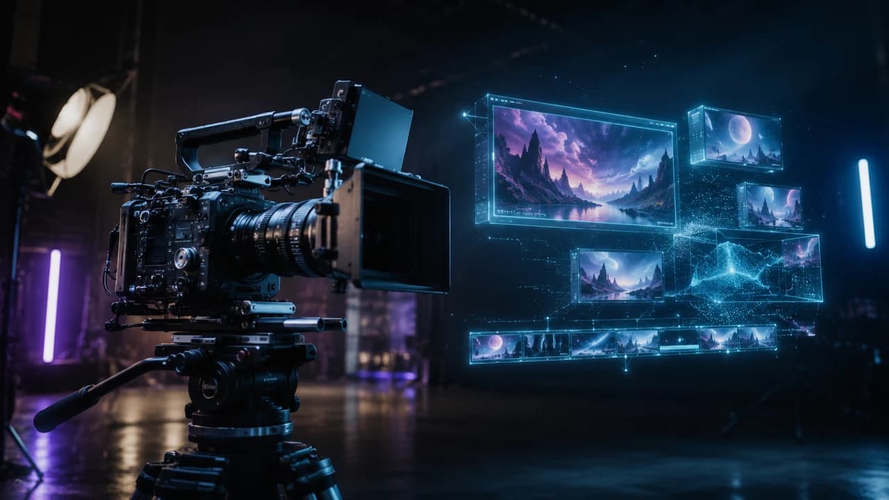 Professional cinema camera on tripod with holographic AI video interface, blue-purple teal lighting on dark background