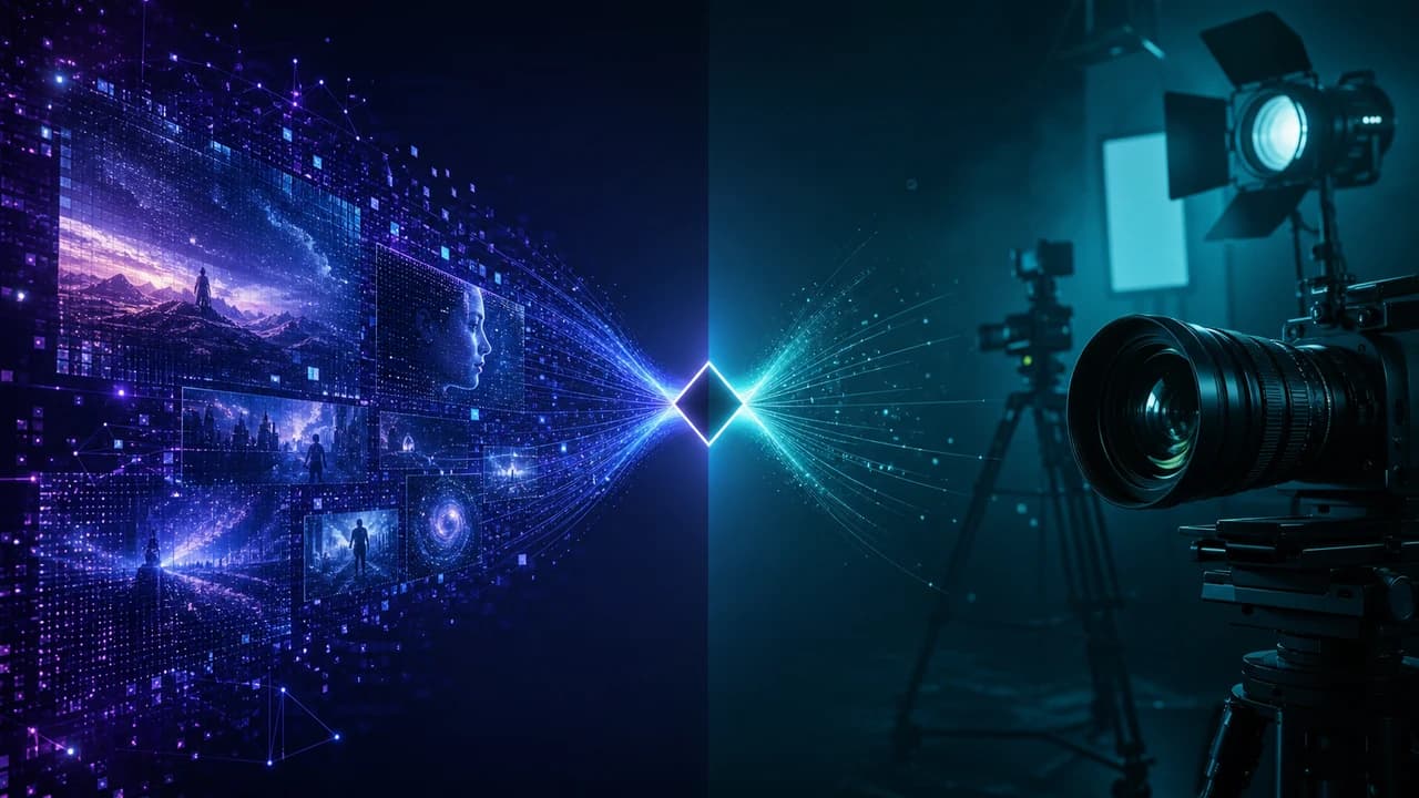 Split visual comparing AI-generated video frames with professional camera equipment on a dark tech background