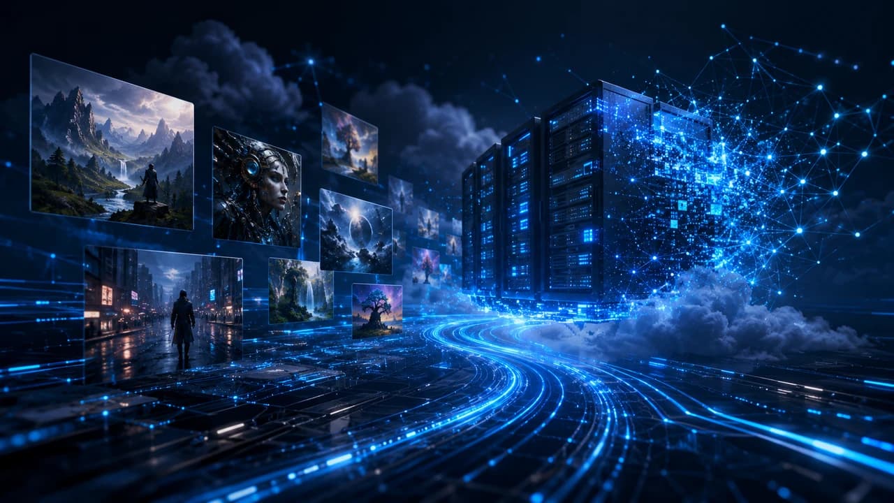 Dark cinematic visualization of cloud AI image generation with cyan circuit pathways and server nodes — ComfyUI on Replicate tutorial