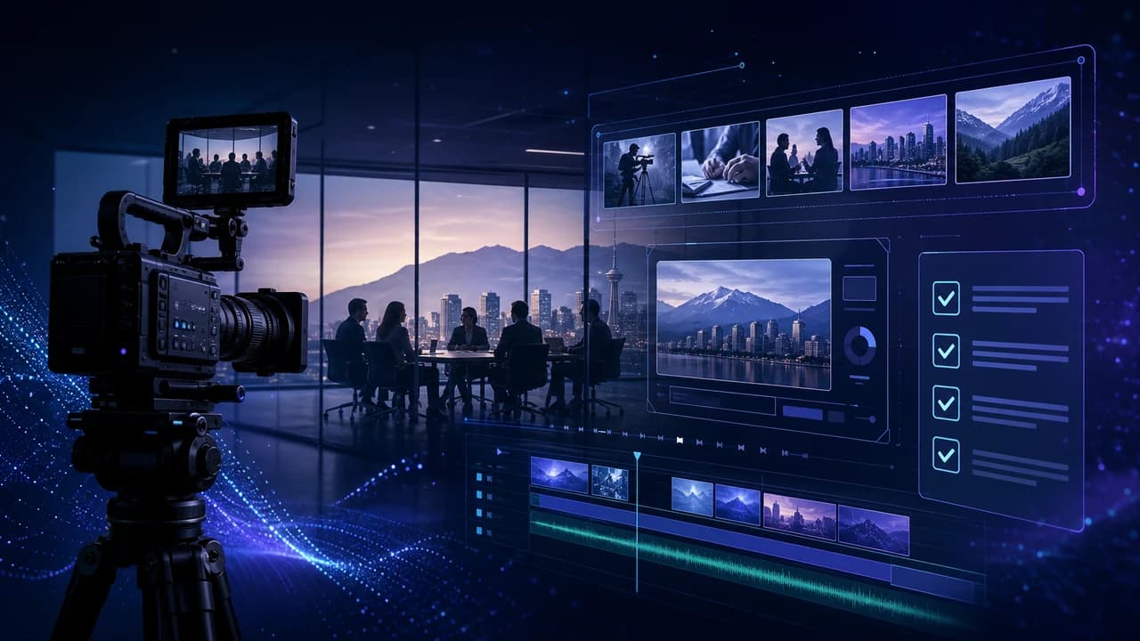 Dark tech illustration of Vancouver corporate video production with camera, office scene, storyboard frames, and edit timeline
