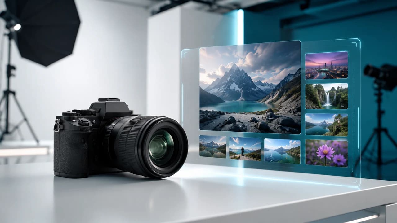 Professional photography studio with AI holographic interface showing image compositions — Flux 1.0.1 tutorial for commercial creators