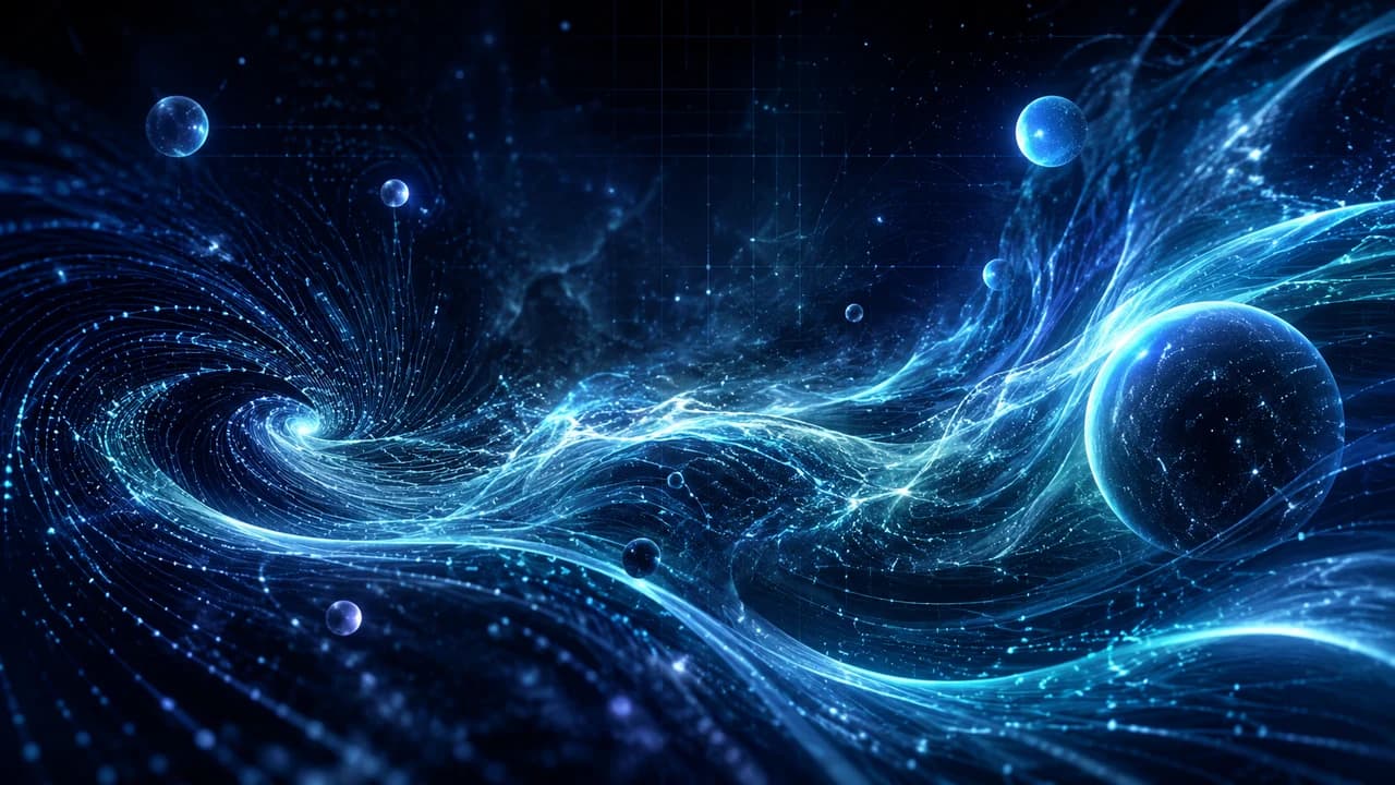 蓝色粒子流和速度场可视化,展示 Google Flow AI 物理感知视频生成算法