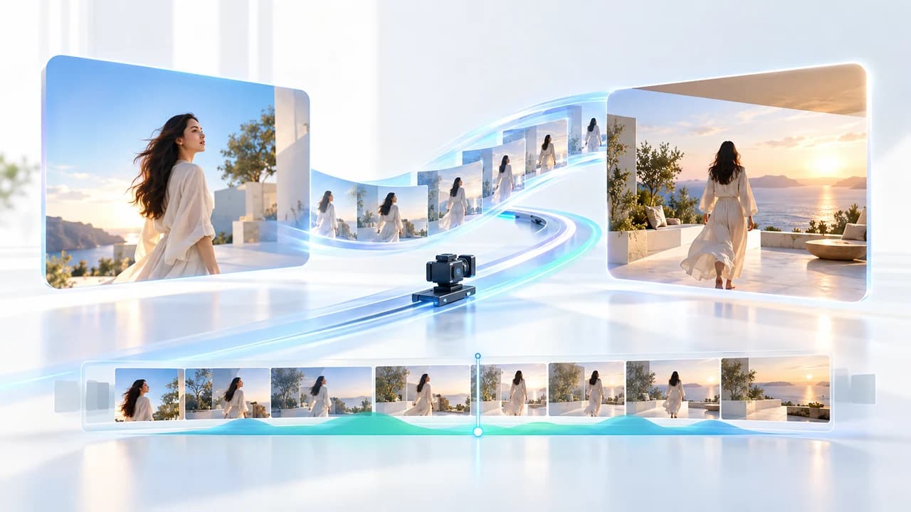 Bright creative workspace showing two corporate still frames connected by a smooth AI video transition