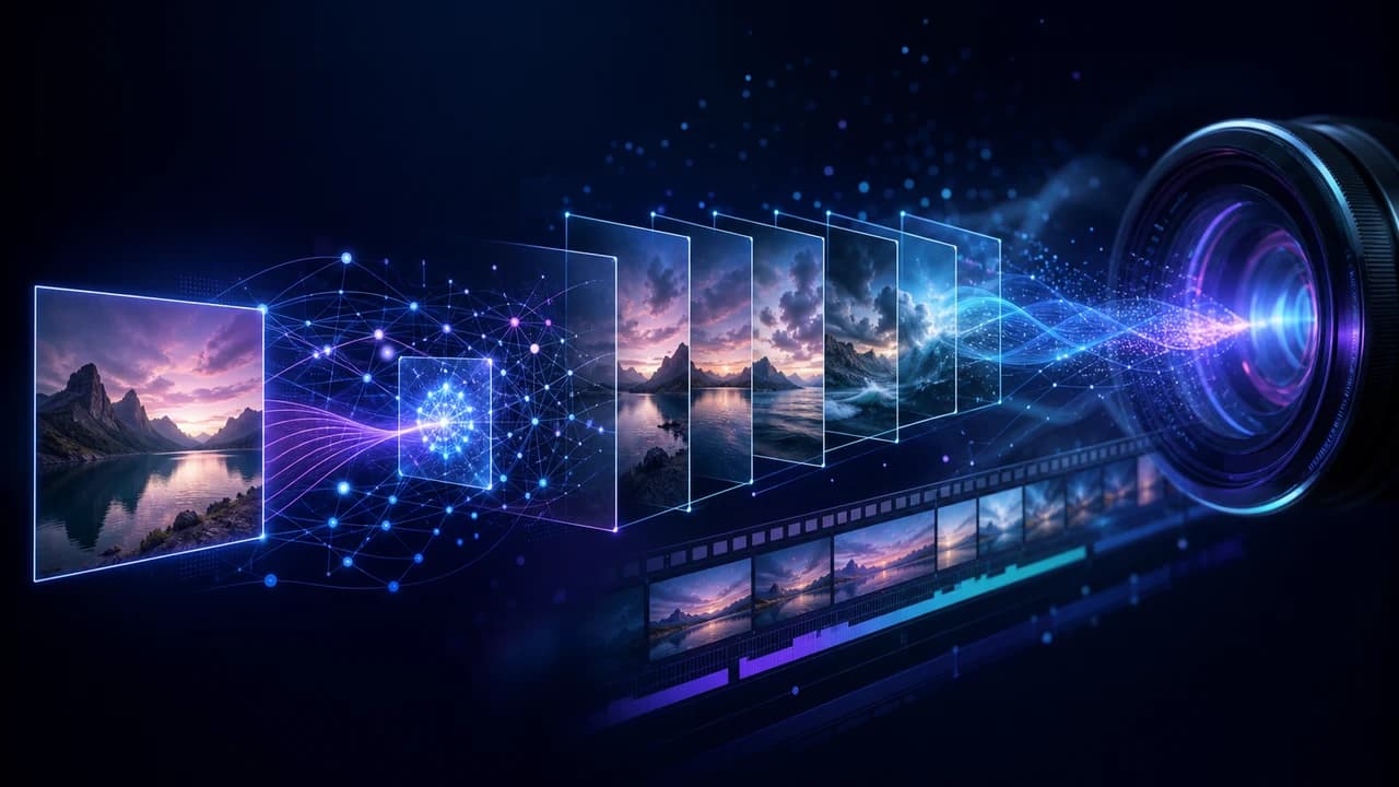 Abstract AI video generation interface with floating video frames emerging from a photograph, dark navy and teal gradient