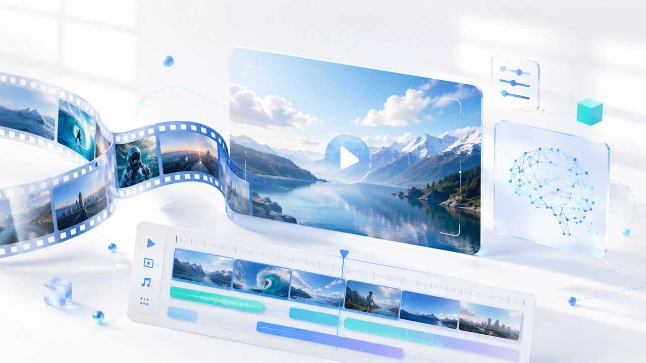 Kling 3.0 AI video generation interface with film strip and timeline on a bright white background
