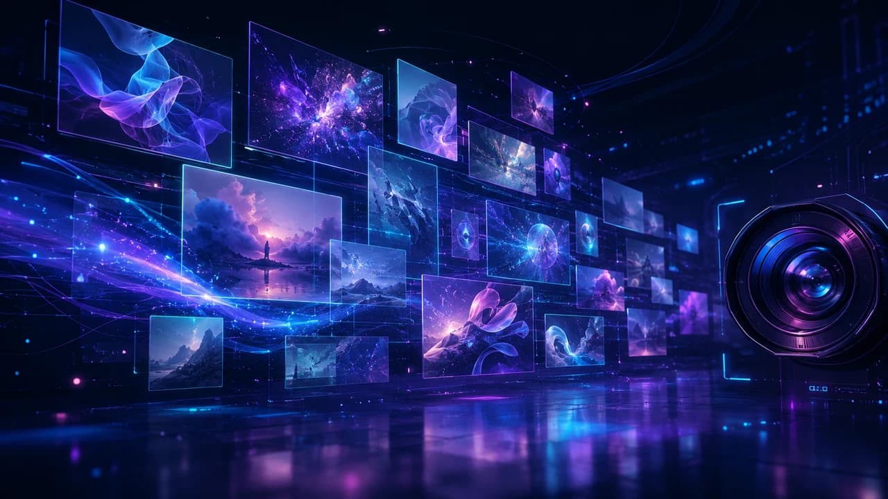 Dark navy and purple AI image generation interface with glowing particle effects, a floating mood board grid of images, and a stylized camera lens