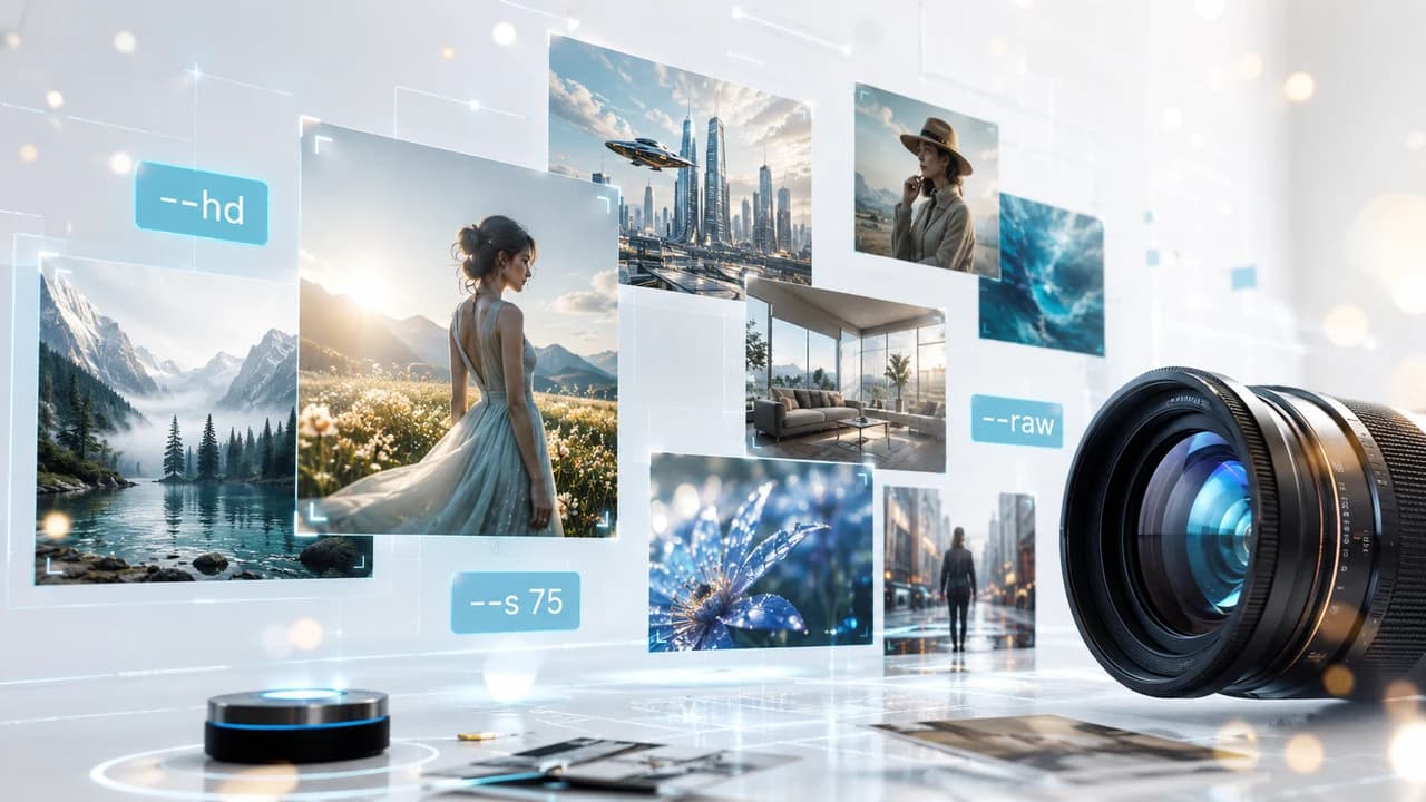 Midjourney V8.1 AI image generation concept showing floating photorealistic image frames with --hd, --s 75, and --raw parameter badges alongside a professional camera lens