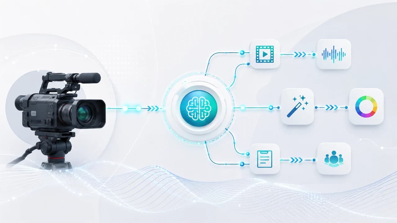 Professional video camera connected to AI processing nodes via blue-green digital network lines on a light background, representing AI workflow automation for video creators