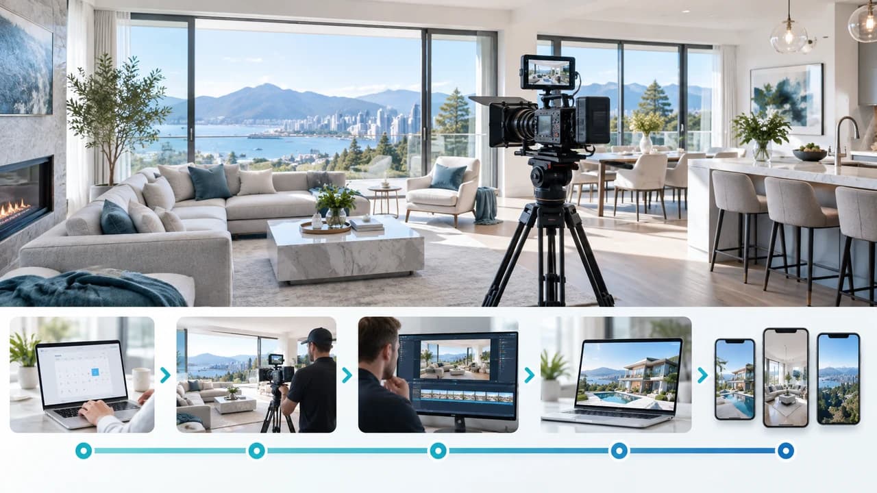 Bright Vancouver home with a cinema camera and visual stages of a real estate video production timeline