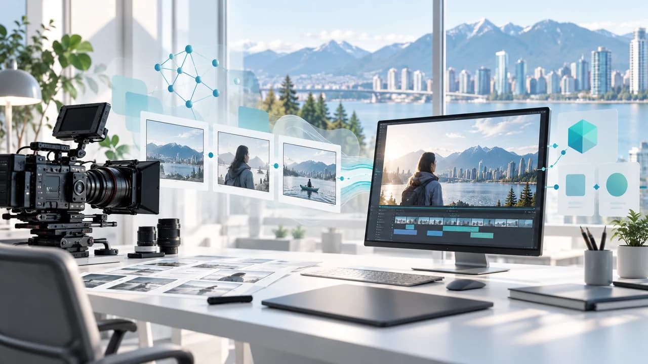 Bright AI video workflow with a cinema camera, storyboard frames, edit timeline, and Vancouver skyline