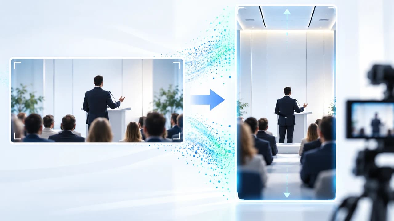 Bright AI editing workspace expanding a horizontal conference speaker shot into a vertical frame