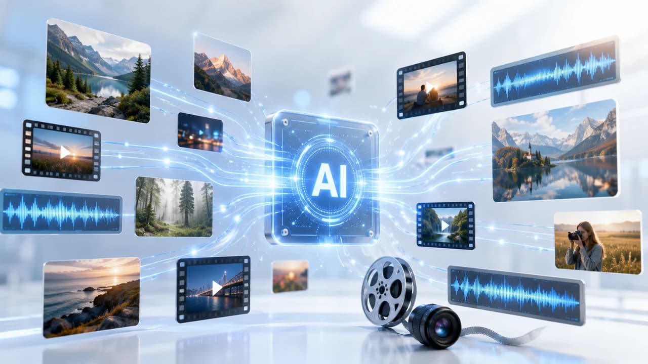 多媒体输入连接 AI 视频生成界面的工作流示意图,带有视频输出帧
