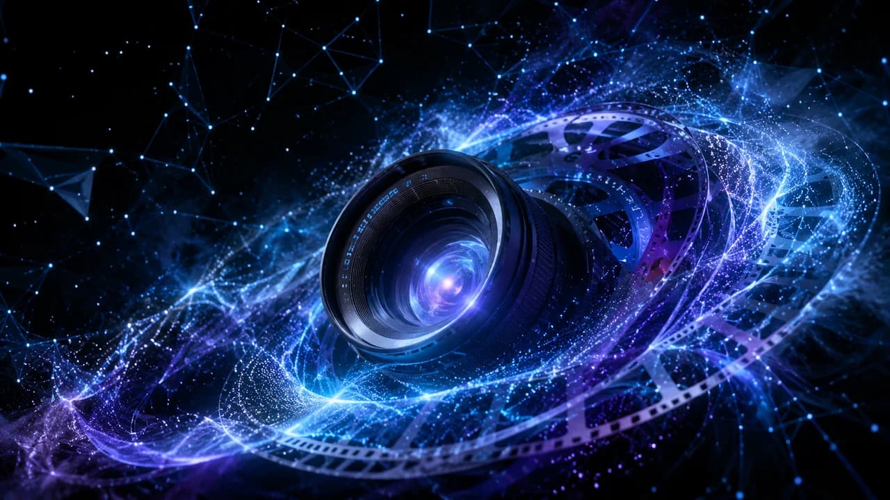 Seedance 2.5 AI video generation — cinematic camera lens surrounded by blue-purple digital particle streams