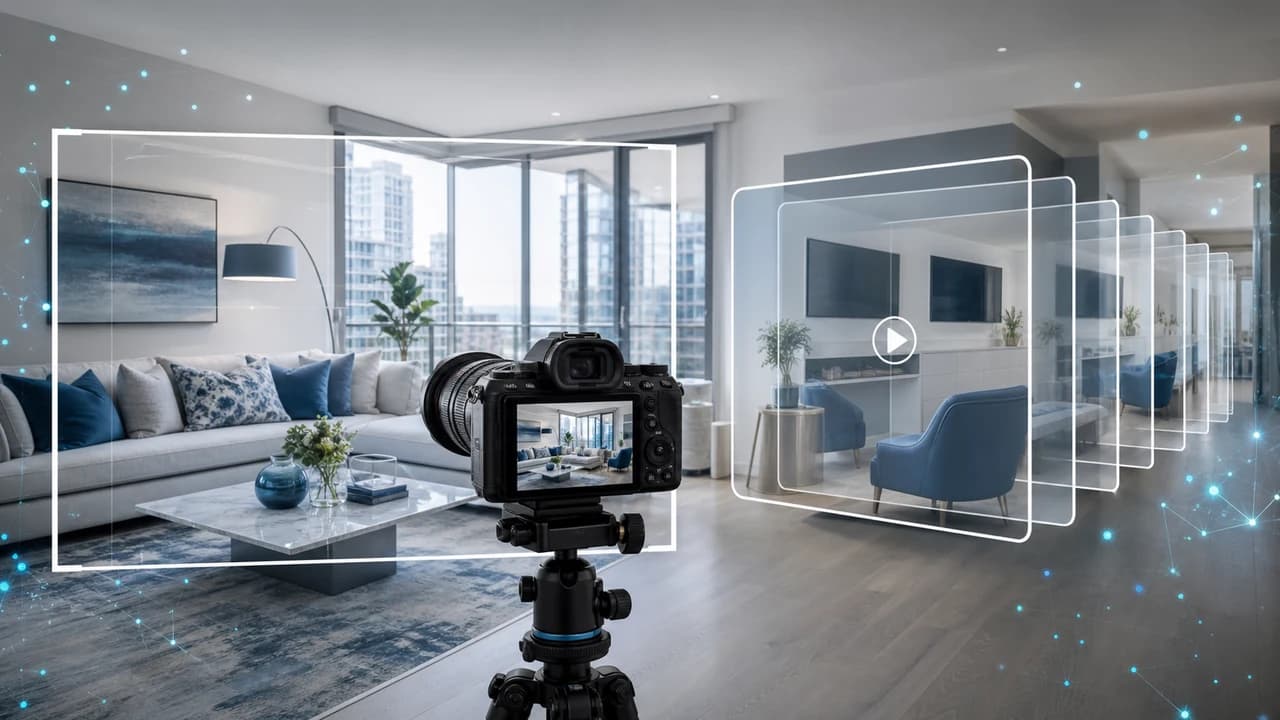 Bright modern Vancouver apartment interior with a camera, still-photo frame and video storyboard